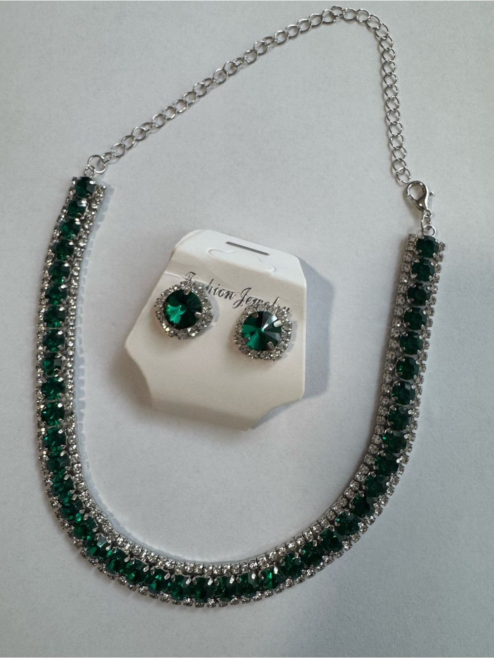Emerald Green Crystal Necklace and Stud Earrings Set - Fashion Jewelry